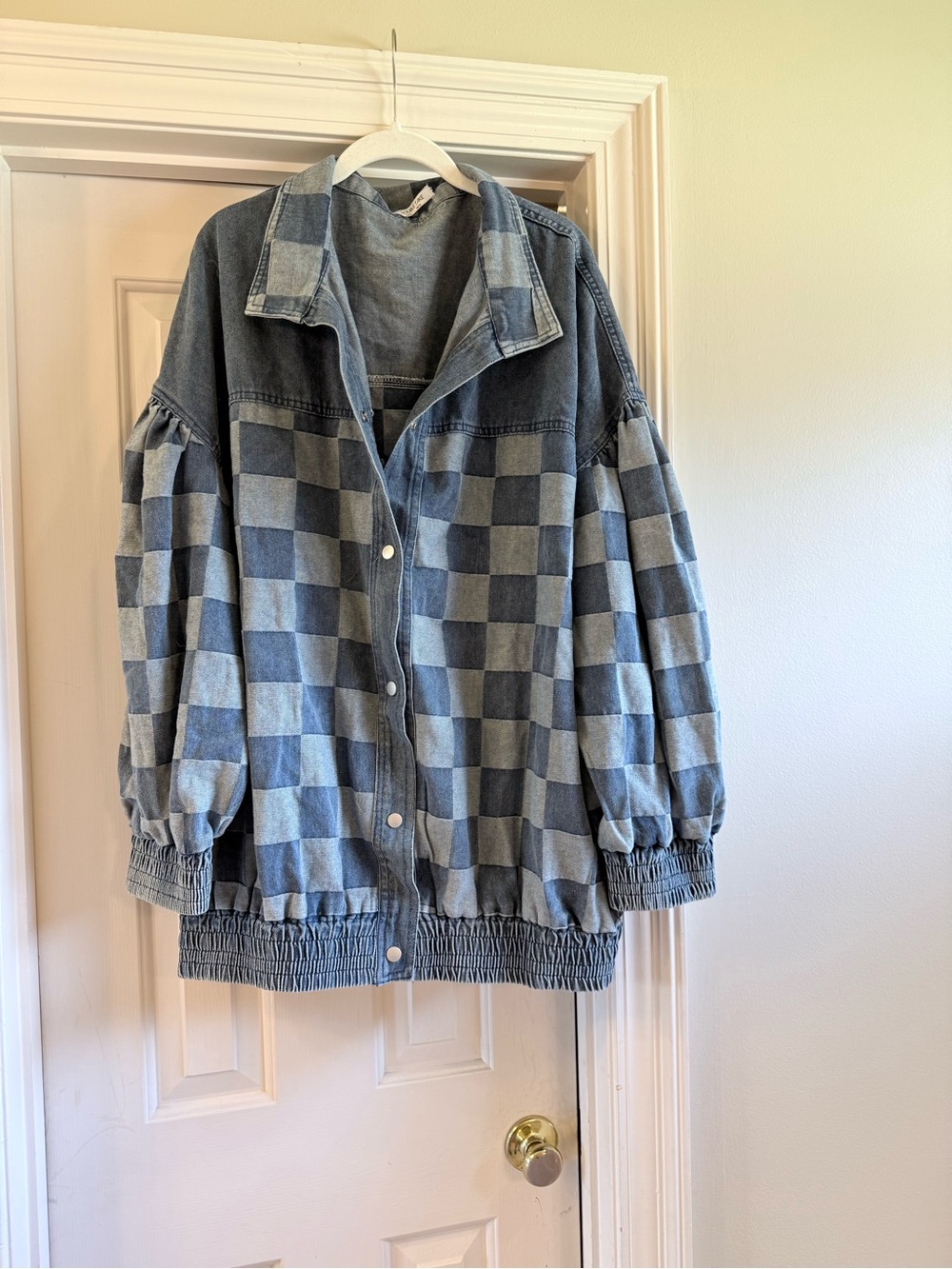 Checked Denim Jacket with Elastic Hem in Blue